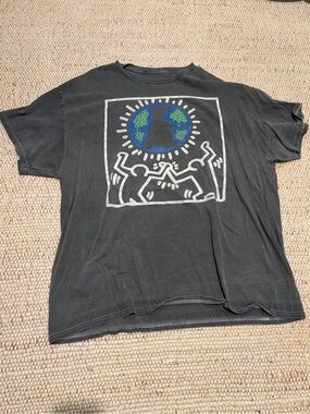 Keith Haring Graphic Short Sleeve Tee with Earth Motif - Black